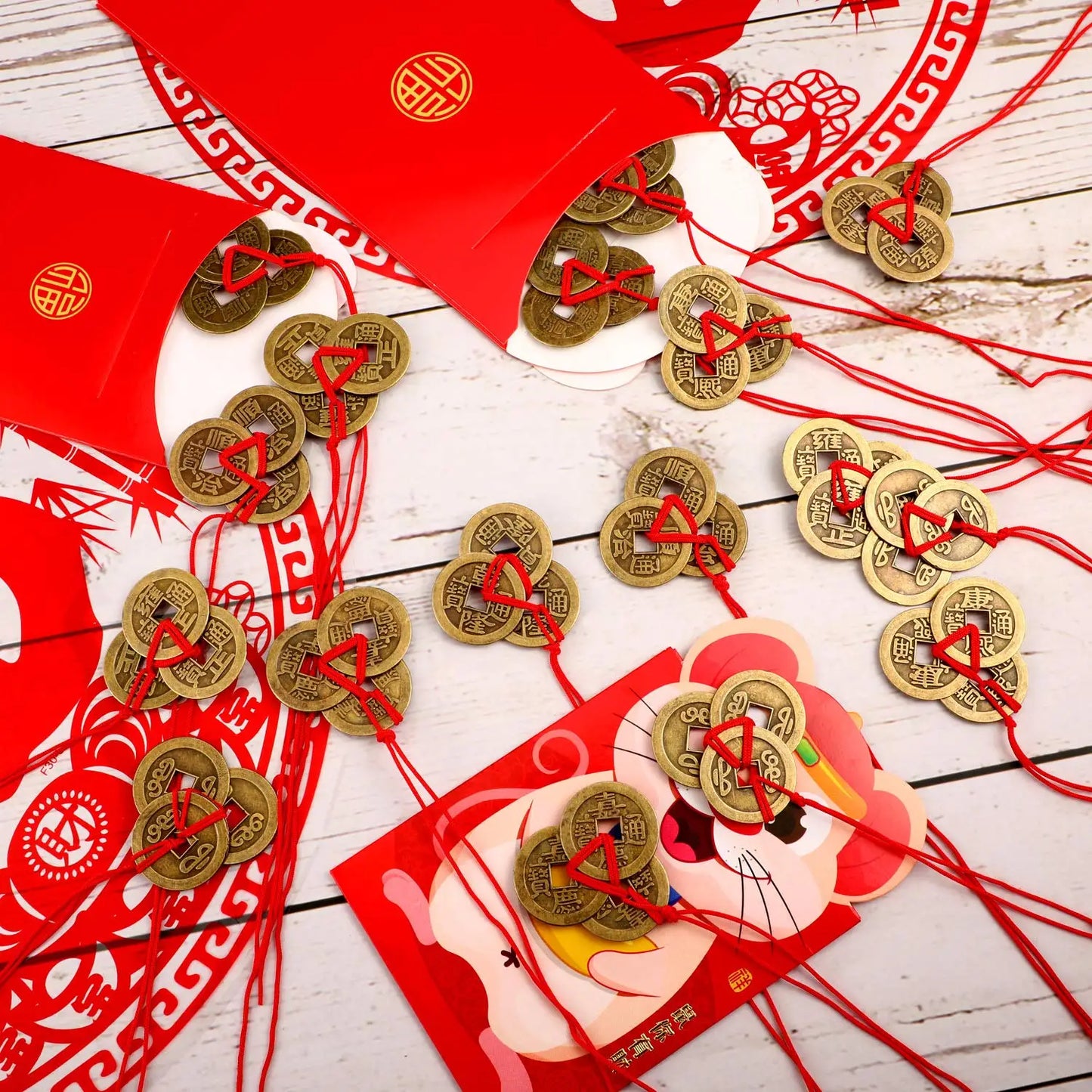 30 pieces of Chinese Feng Shui ancient traditional coins with red string