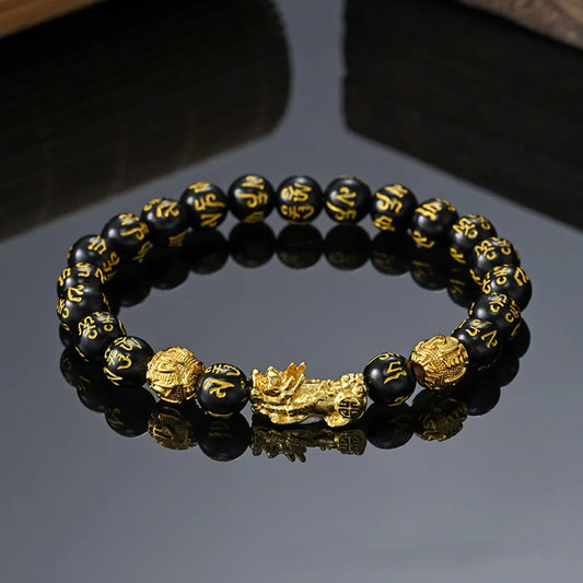 Black Obsidian Pixiu Wealth Bracelet Prosperity  Beads Elastic Bracelet，FengShui Wealth And Luck Bracelet