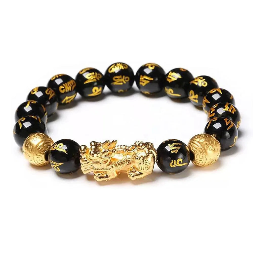 Black Obsidian Pixiu Wealth Bracelet Prosperity  Beads Elastic Bracelet，FengShui Wealth And Luck Bracelet