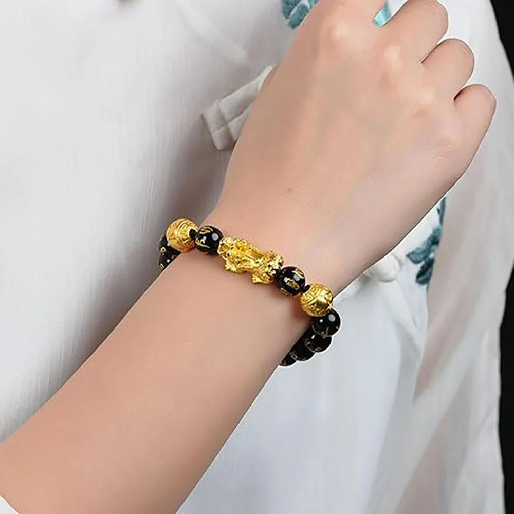 Black Obsidian Pixiu Wealth Bracelet Prosperity  Beads Elastic Bracelet，FengShui Wealth And Luck Bracelet