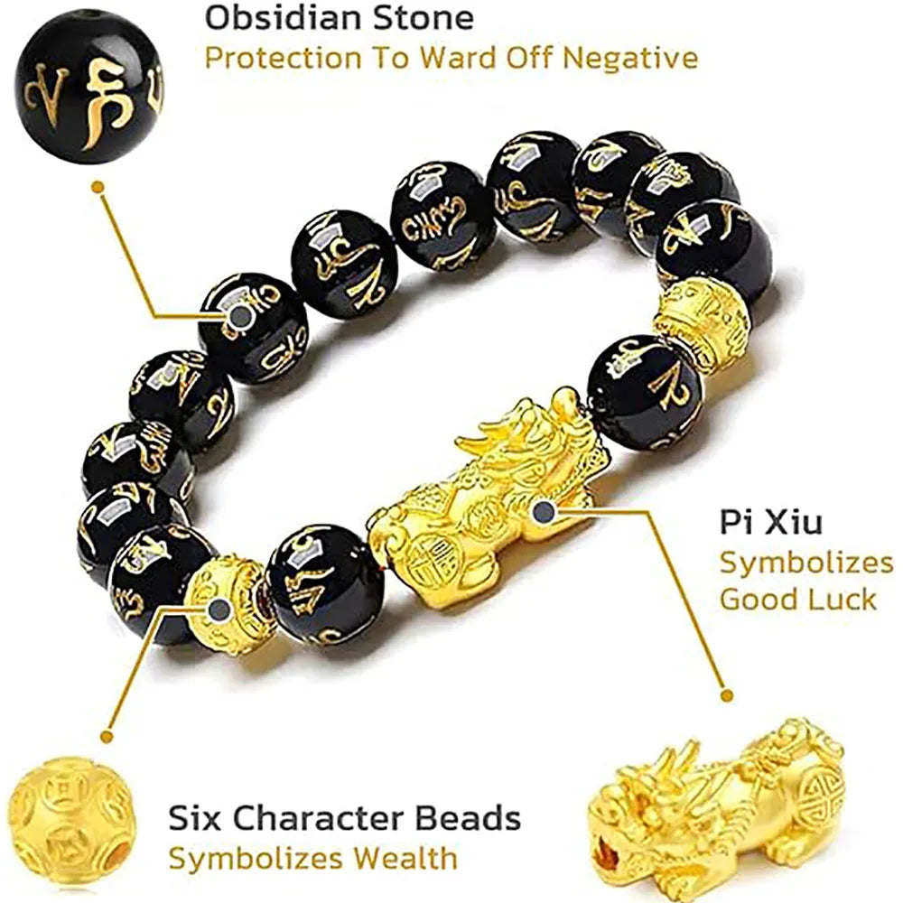 Black Obsidian Pixiu Wealth Bracelet Prosperity  Beads Elastic Bracelet，FengShui Wealth And Luck Bracelet