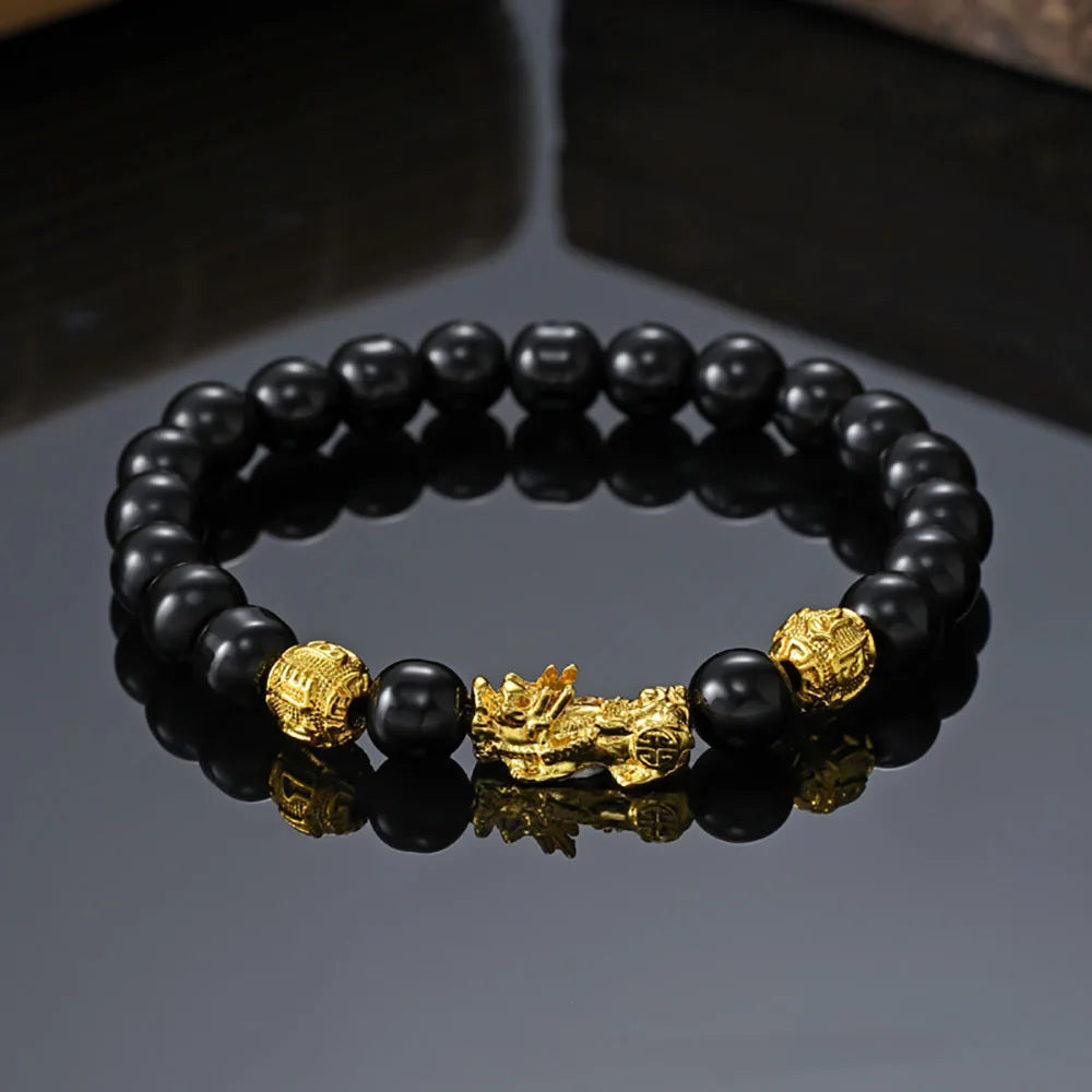 Black Obsidian Pixiu Wealth Bracelet Prosperity  Beads Elastic Bracelet，FengShui Wealth And Luck Bracelet