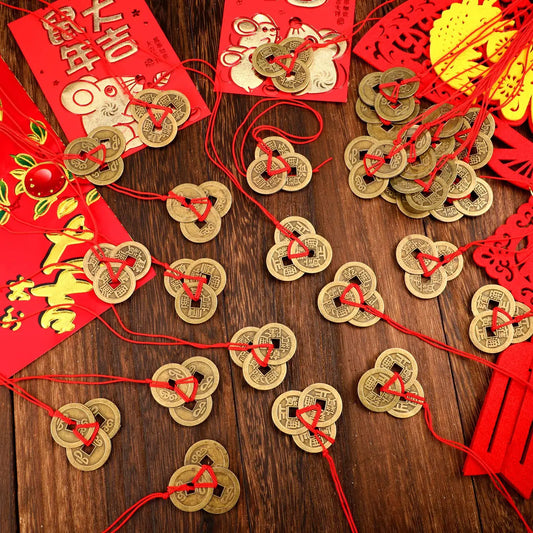30 pieces of Chinese Feng Shui ancient traditional coins with red string